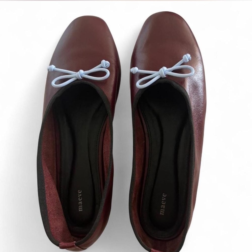 Maeve Burgundy Leather Ballet Flats with White Bow Trim